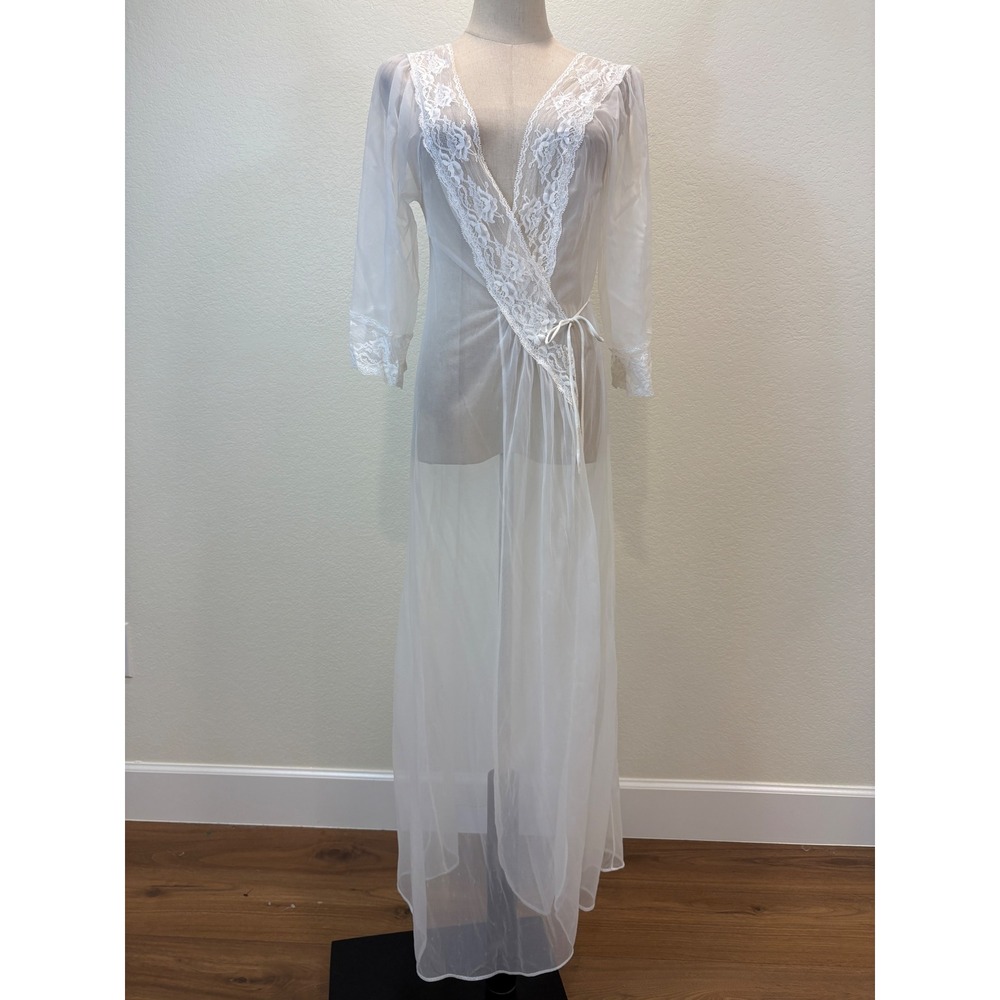 Vtg La Notte Robe Negligee Women Medium White‎ Sheer Lace Bridal Romantic